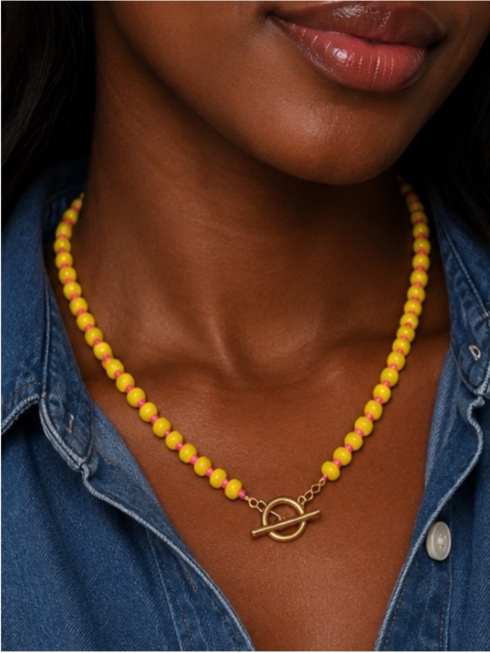 New! Yellow Pink Beaded Dopamine Toggle Necklace NWOT 5029